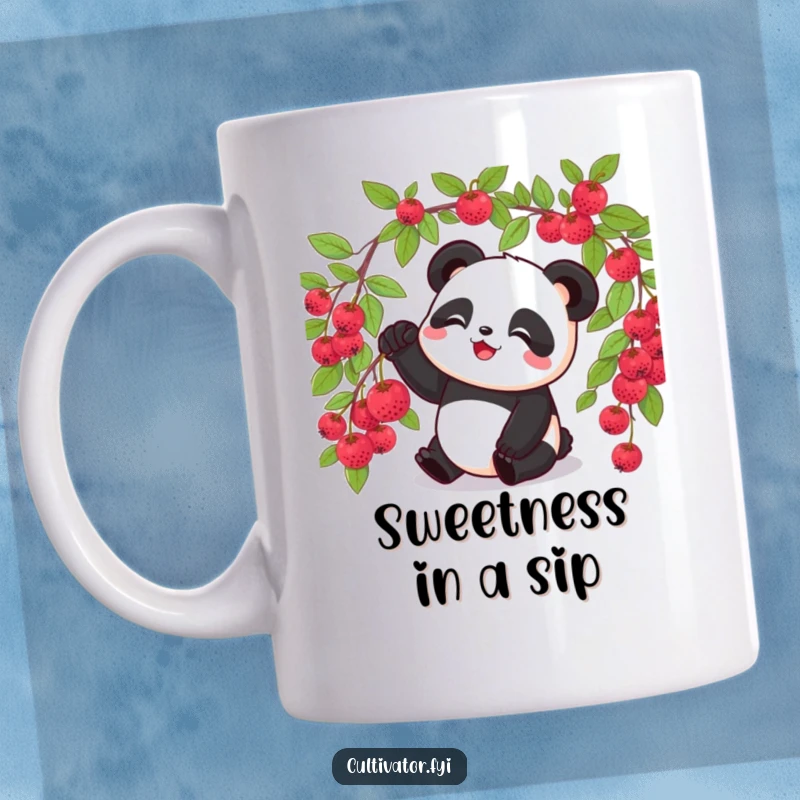 Funny panda mug, happily picking a single ripe berry from a bush, symbolizing sweet satisfaction.