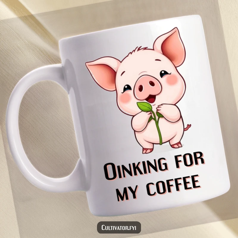Funny mug with a proud piglet holding up a tiny green sprout, celebrating new growth and optimism.
