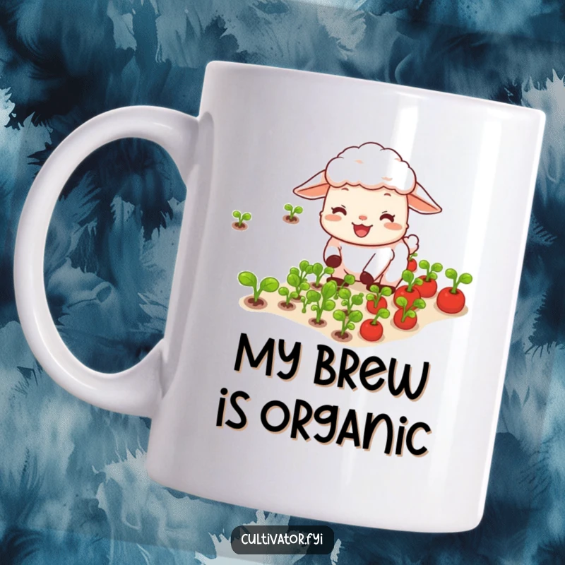 Funny happy sheep joyfully tending rows of tiny vegetables mug, depicting farm fresh fun and growth.