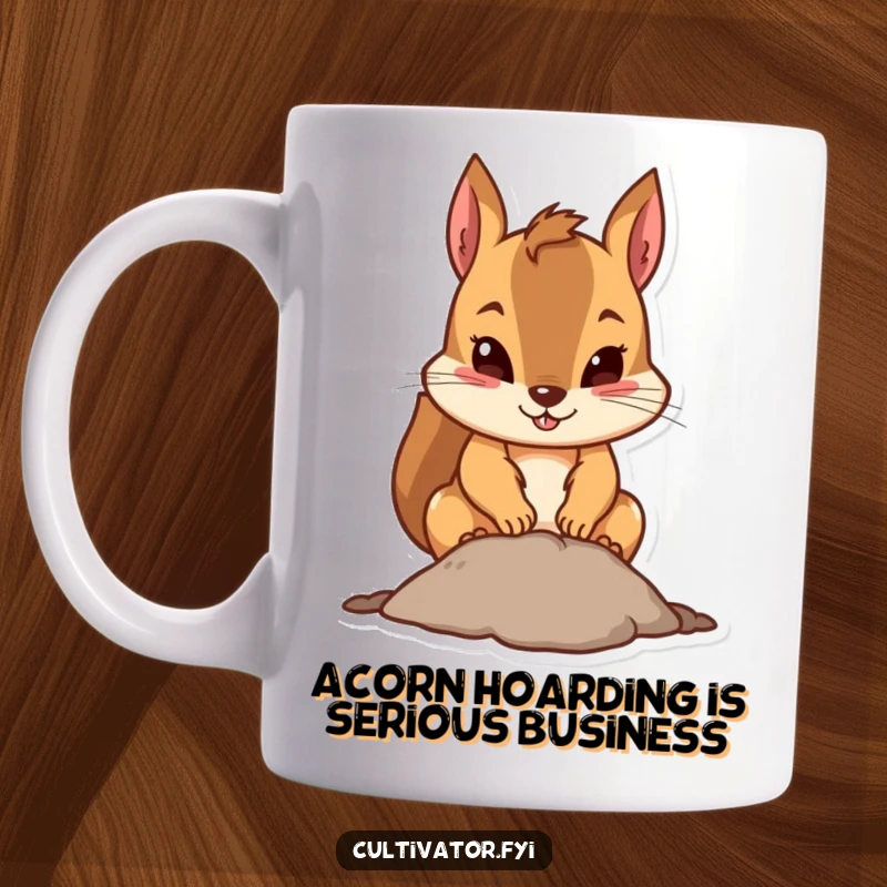 Funny squirrel mug showing a determined squirrel digging a small hole with intense focus, ready for any task.