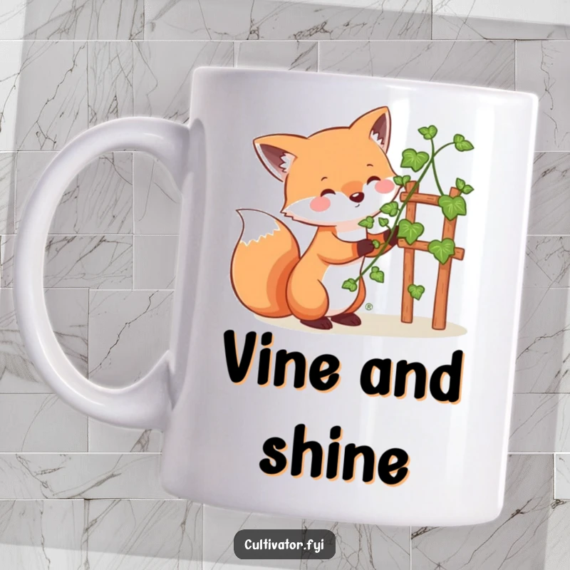 Funny whimsical fox mug, happily guiding a vine upwards on a small trellis, symbolizing helpfulness and playful cultivation.