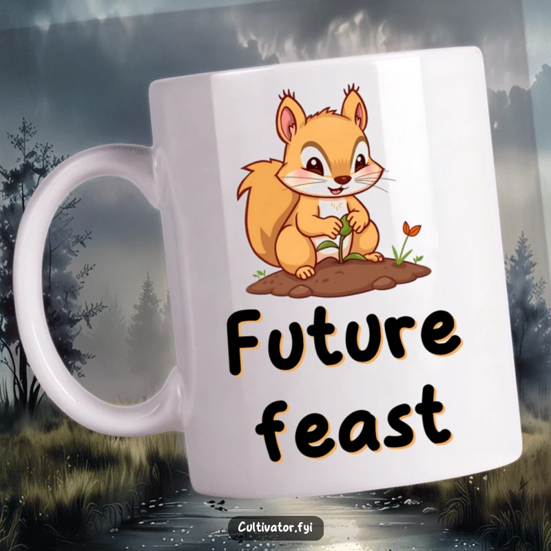 Funny mug depicting a determined squirrel using its tiny paws to carefully plant a seed, symbolizing effort and growth.