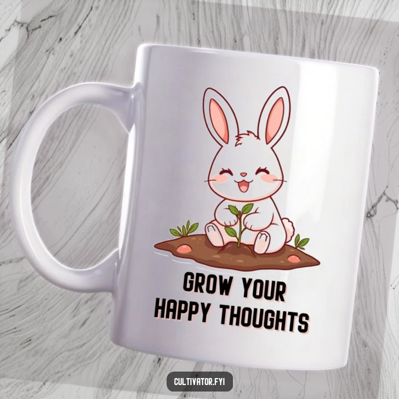 Funny cheerful rabbit planting a tiny seed with a big smile mug, evoking joy and growth.