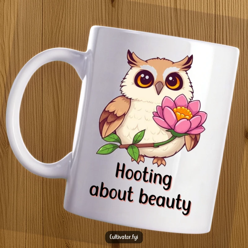 Funny joyful owl mug, observing a vibrant flower bloom with wide, amazed eyes, symbolizing wonder and appreciation for nature's beauty.