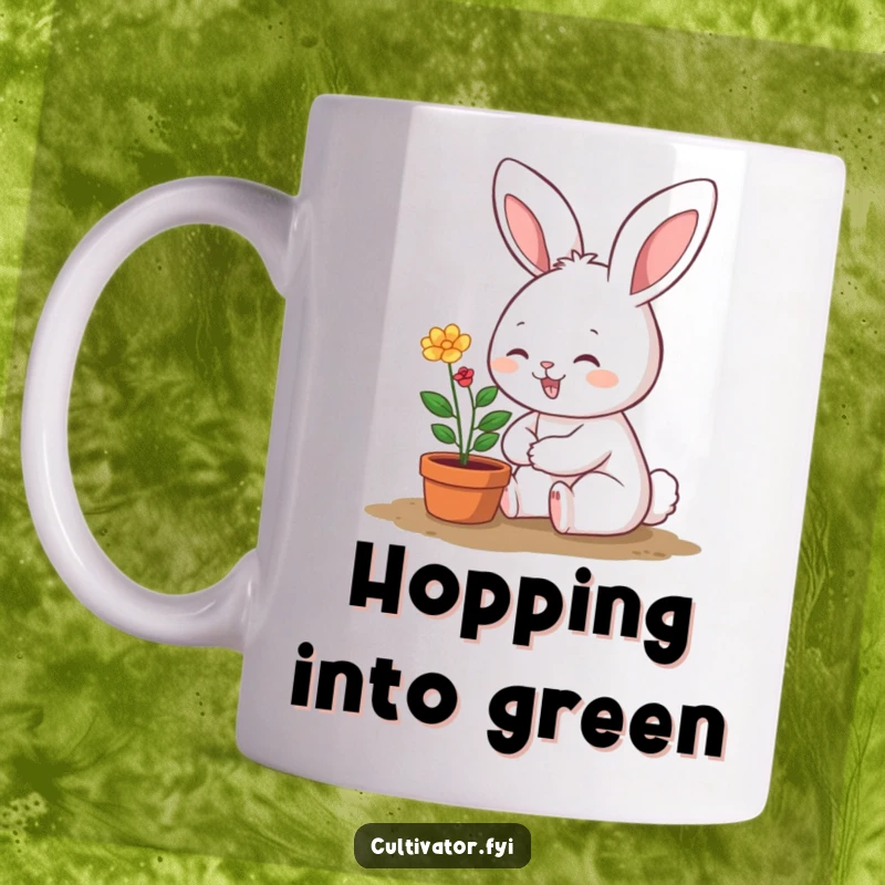 Funny mug featuring a smiling bunny character happily watering a very small, vibrant potted plant, exuding gentle care.