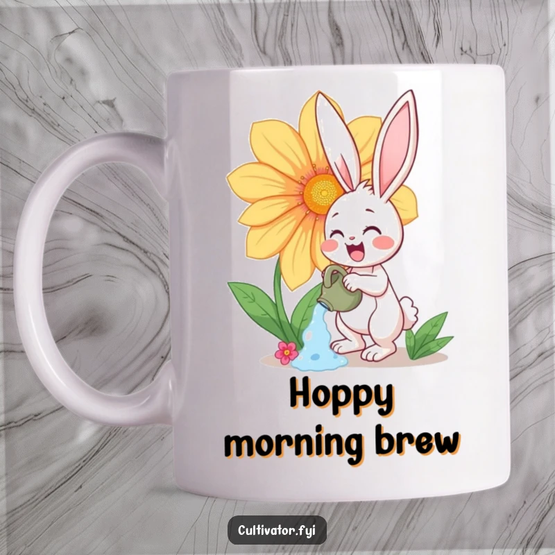 Funny mug showing a happy bunny character enthusiastically watering a giant, vibrant flower, a delightful gardening scene.
