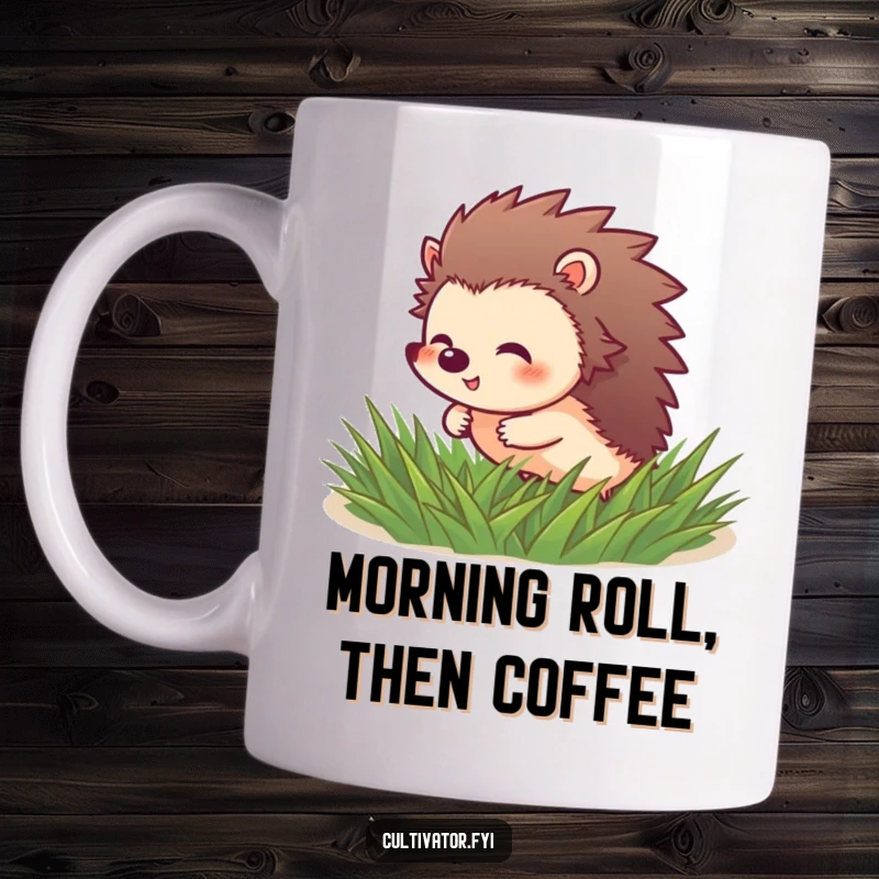 Funny Hedgehog Mug: Giggling hedgehog character happily rolls through soft green grass, pure joy.