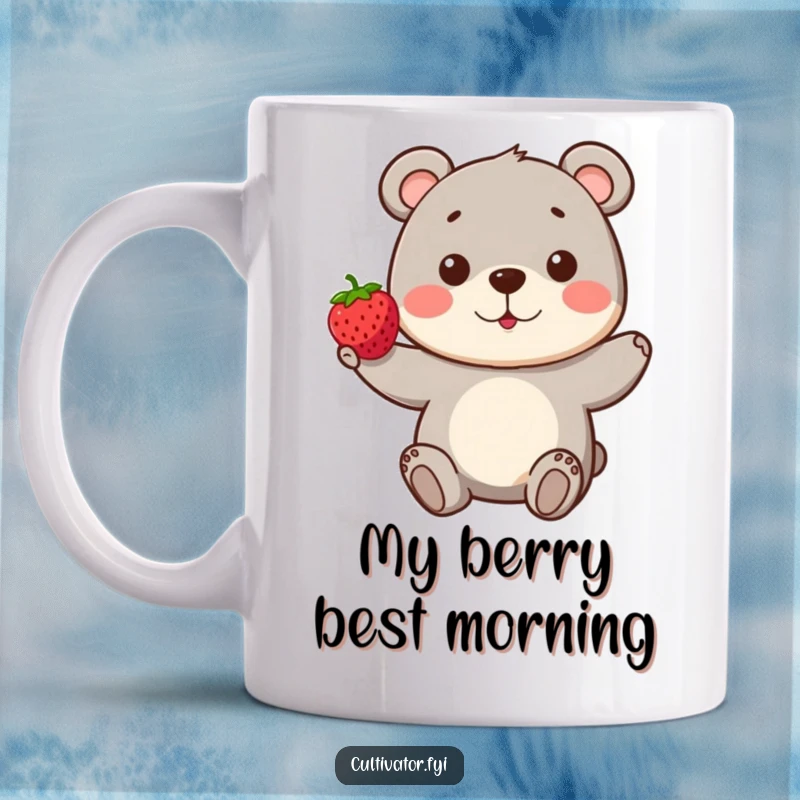 Funny Bear Mug: A playful bear proudly presents a single, perfect berry, showcasing its joyful accomplishment and personality.