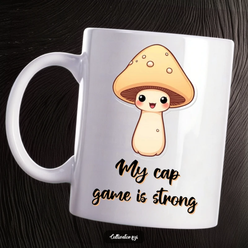 Funny mushroom mug showing a proud mushroom displaying its fully grown cap, celebrating its fungal achievement with a big smile.