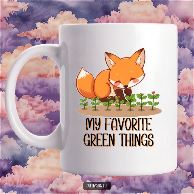 Funny fox mug showing a playful fox tending to tiny seedlings with enthusiasm, a delightful funny gift.