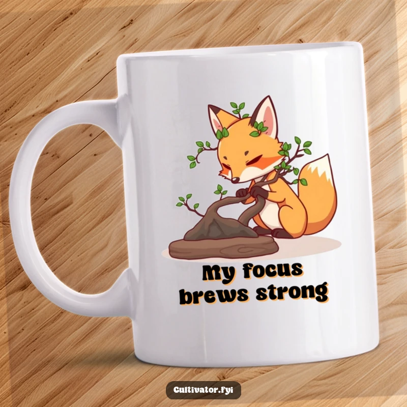Funny determined fox carefully pruning a miniature bonsai tree mug, showcasing focus and gentle artistry.