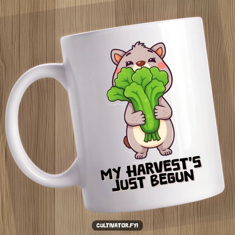 Funny Mug featuring an animal character proudly holding up a freshly picked vegetable, celebrating garden success and harvest bounty.