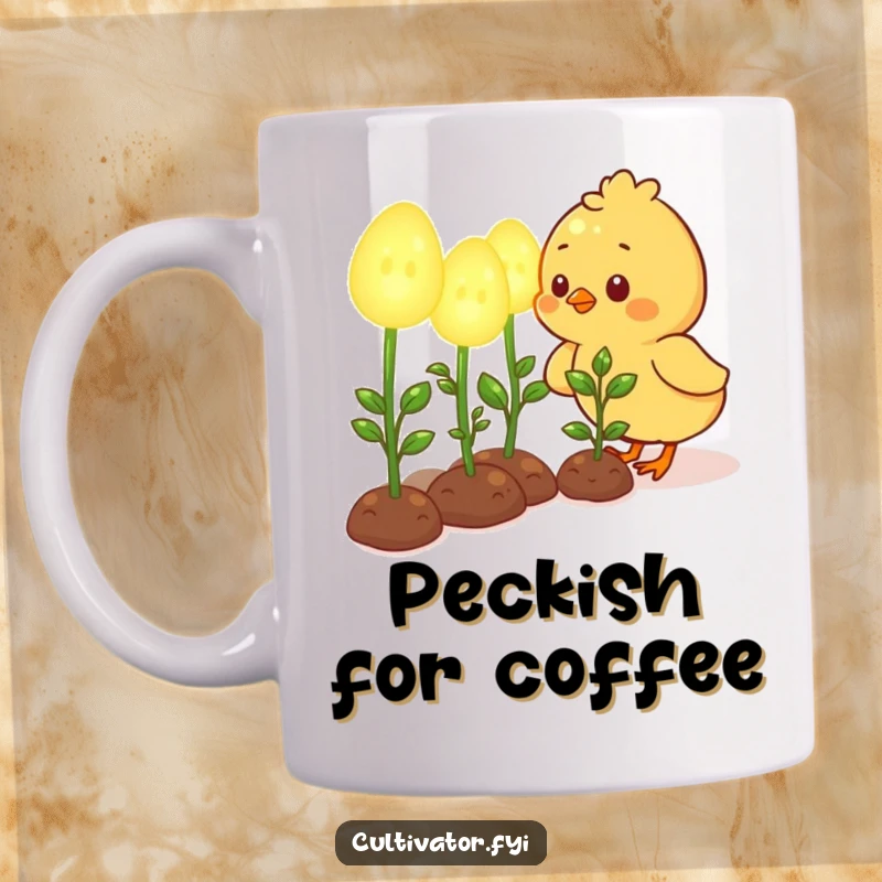 Funny mug showing a cute chick character happily tending to oversized, glowing seedlings, a charming gardening scene.