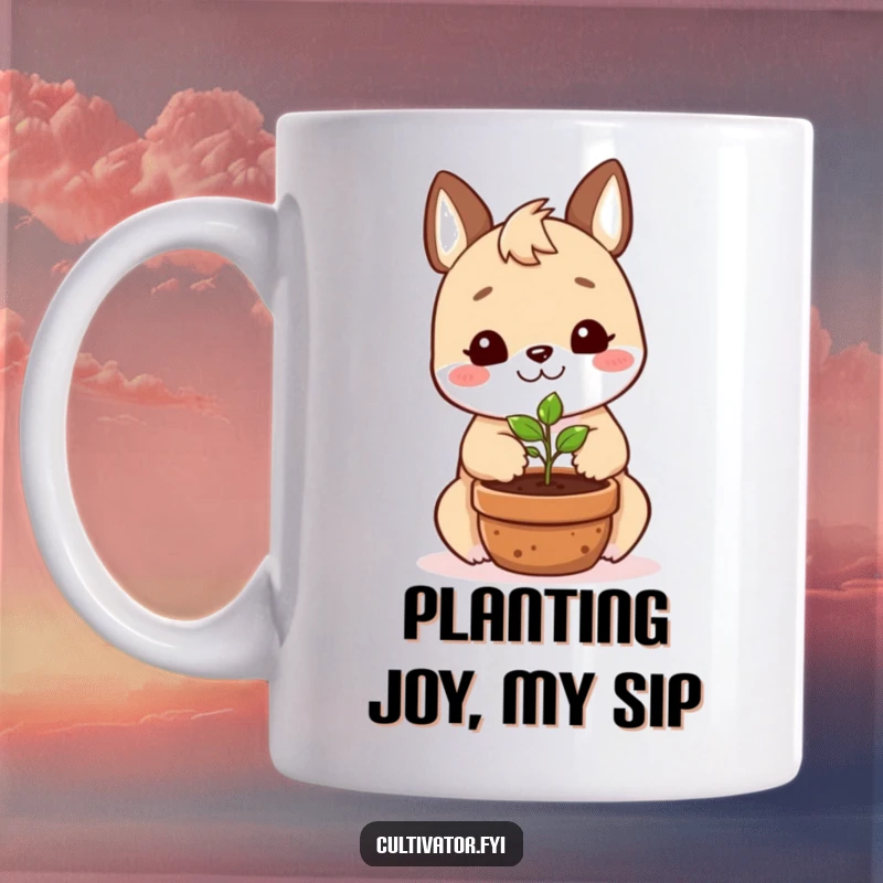 Funny mug with a smiling animal character happily planting a tiny seedling in a pot, perfect for gardeners.