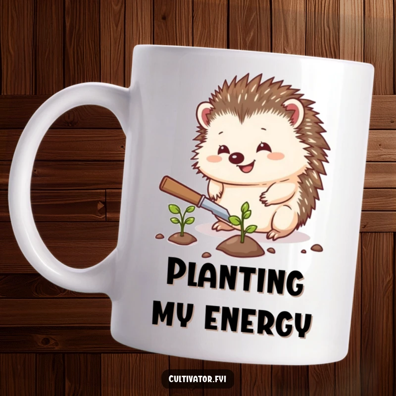Funny hedgehog mug, a cute hedgehog planting a seed with a trowel, gardening theme, humorous animal art, ideal funny gift.