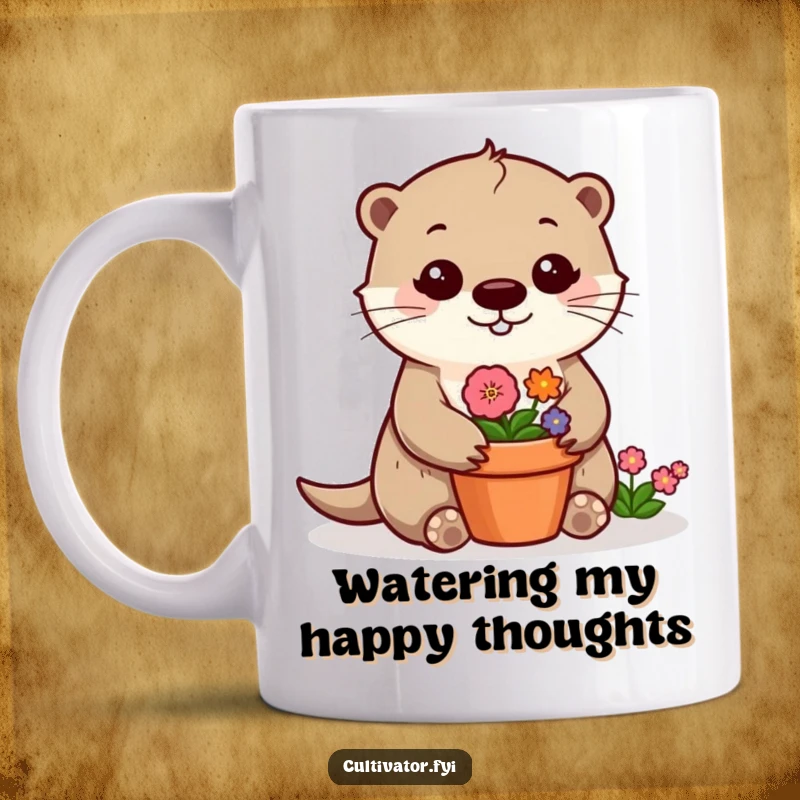 Funny otter mug showing a cheerful otter happily tending to a small, colorful flower pot, radiating aquatic garden joy.