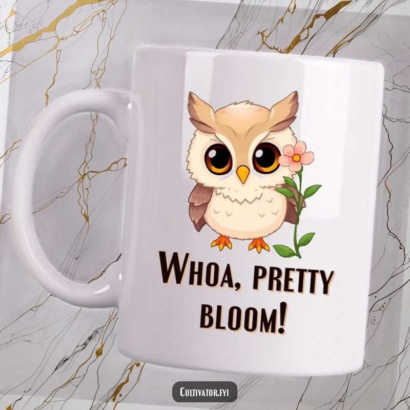 Funny owl mug showing a curious owl examining a blooming flower with wide, amazed eyes, a charming funny gift.