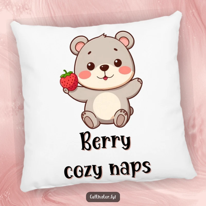 Funny Bear Pillow: A playful bear proudly presents a single, perfect berry, offering comfort and a sweet, humorous statement.