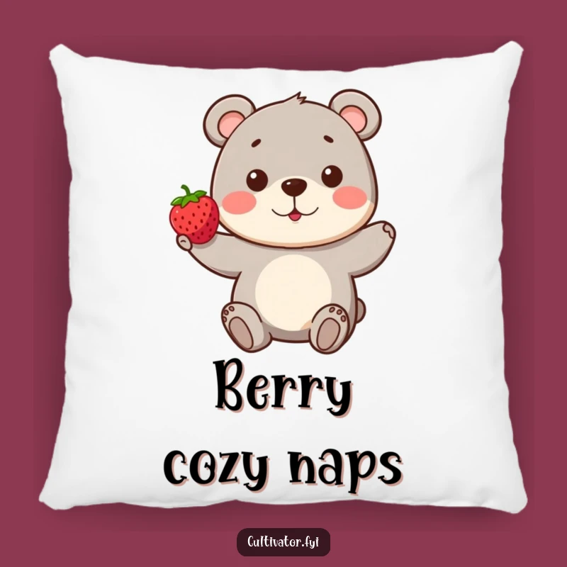 Funny Bear Berry Pillow: Playful Character Proudly Presents a Perfect Berry