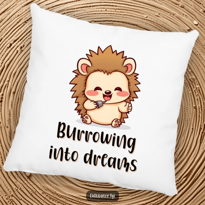 Funny pillow featuring a delighted hedgehog character humorously digging in rich soil, providing a soft and funny decorative touch.