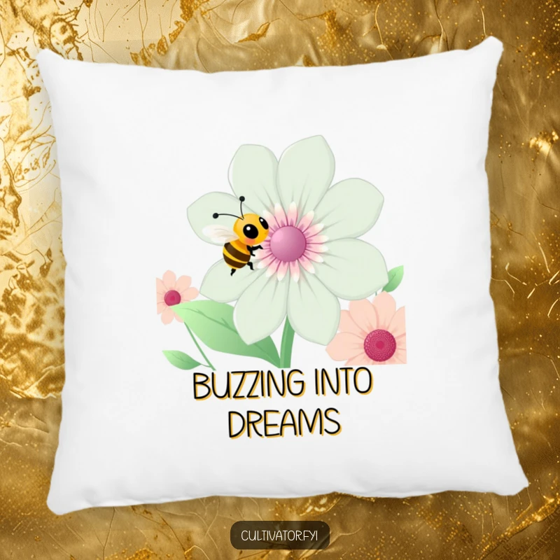 Funny bee pillow, a happy bee near a flower, soft cushion, humorous garden accent, ideal funny gift for relaxation.