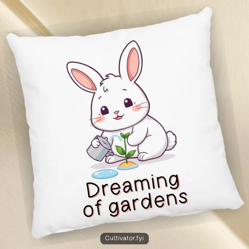 Funny pillow, happy rabbit watering a tiny sprout with a cheerful expression, soft and humorous cushion.