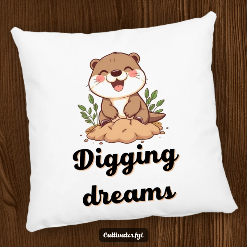 Funny pillow with a happy otter character joyfully digging, offering comfort and a touch of playful charm.