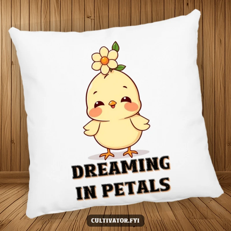 Funny pillow, happy chick balancing a flower on its head, soft cushion, cheerful animal design, humorous home decor.