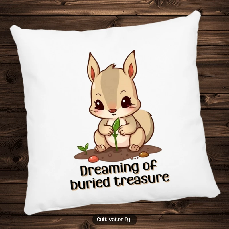 Funny pillow featuring a determined squirrel character planting a seed with its tiny paws, offering comfort and humor.