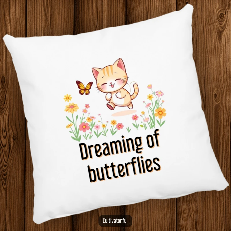 Funny pillow featuring an excited cat character mid-leap, chasing a butterfly through a visually rich field of blooming flowers, adding charm.