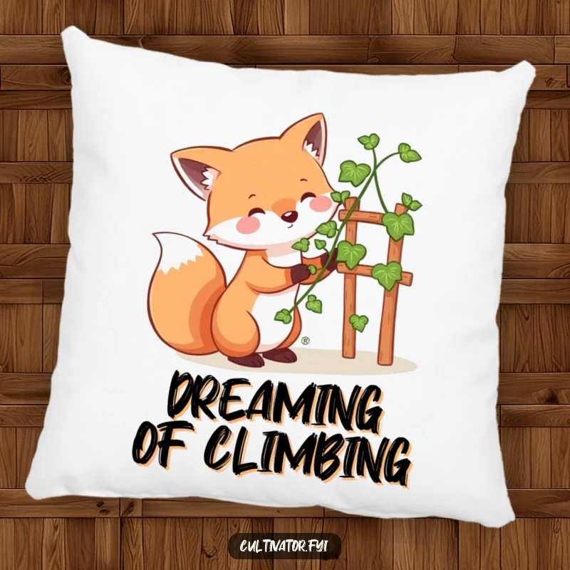 Funny whimsical fox pillow, happily guiding a vine up a small trellis, bringing cozy comfort and a touch of woodland whimsy.