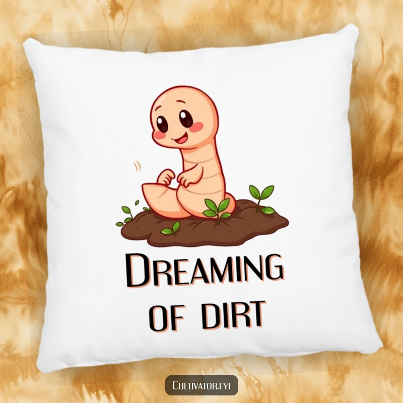 Funny earthworm tilling pillow with a diligent worm rapidly working the soil, perfect for garden-themed rooms.