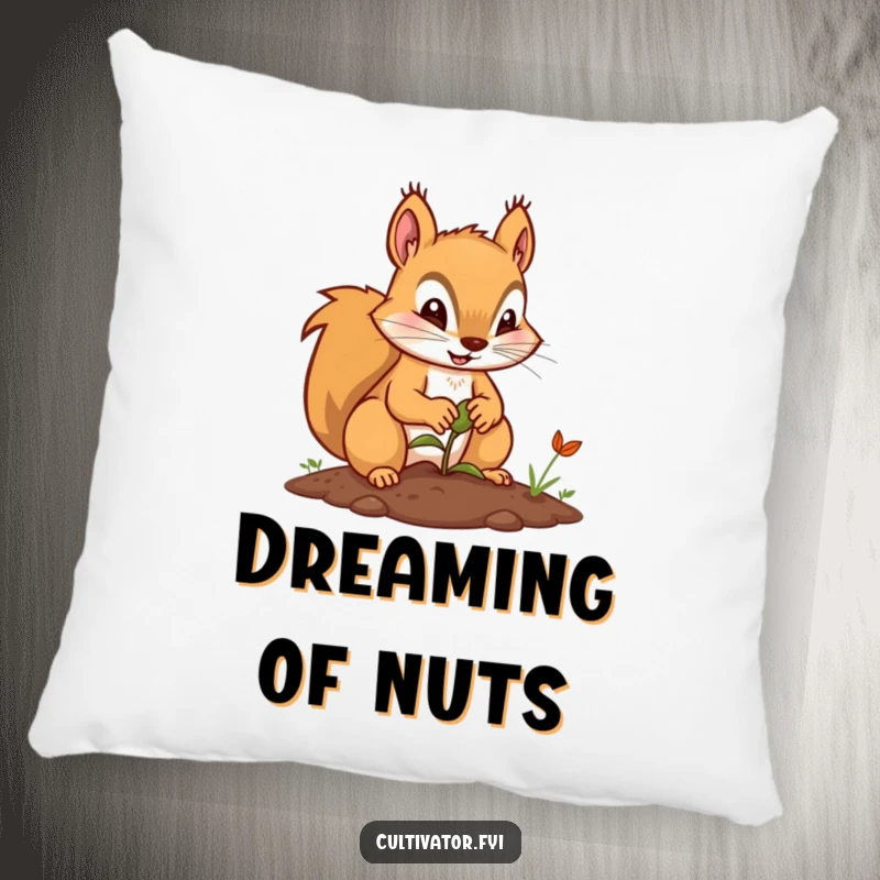 Funny pillow with a determined squirrel character planting a seed, offering comfort and a symbol of growth.
