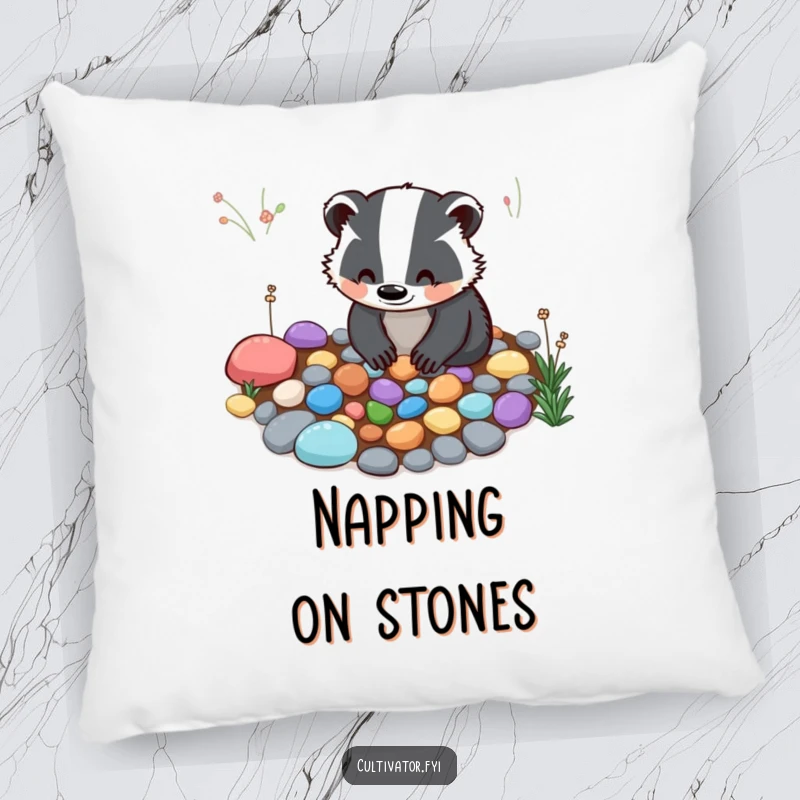 Funny Pillow: A smiling badger carefully arranges colorful pebbles for a garden path, offering soft comfort and natural charm.