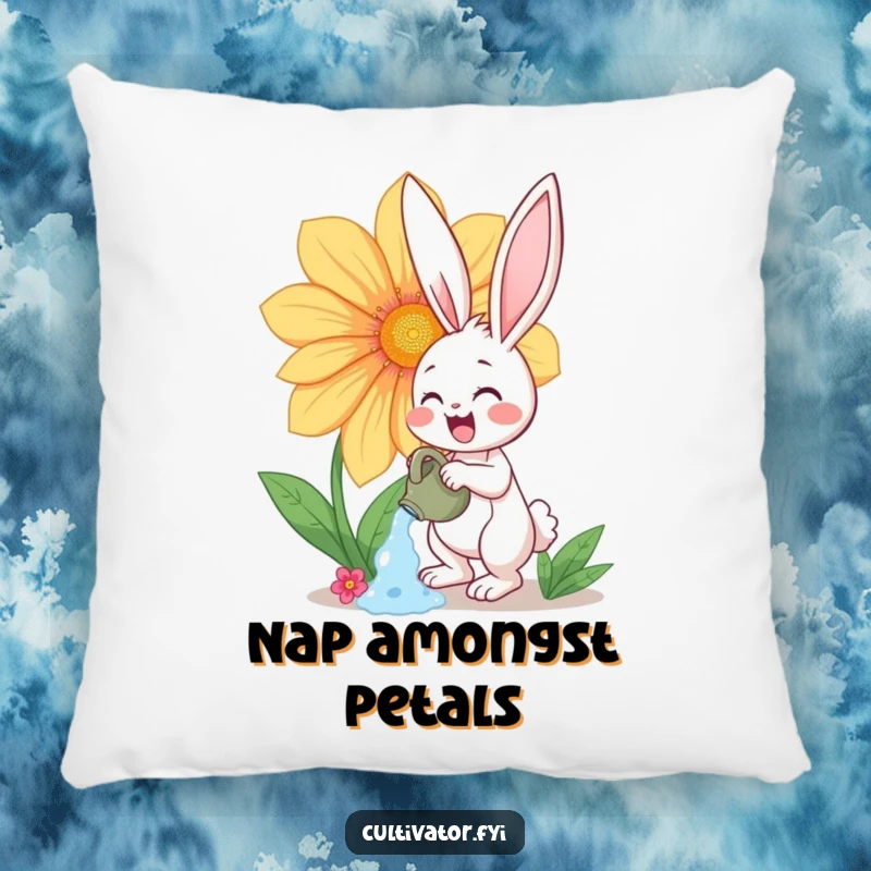 Funny throw pillow featuring a happy bunny character enthusiastically watering a giant, vibrant flower, a cheerful and charming design.