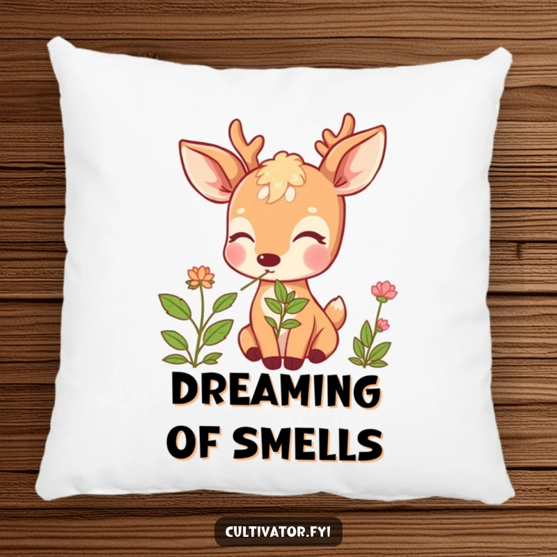 Funny Deer Pillow: Beaming deer blissfully sniffing a herb, offering plush comfort and a touch of woodland humor.