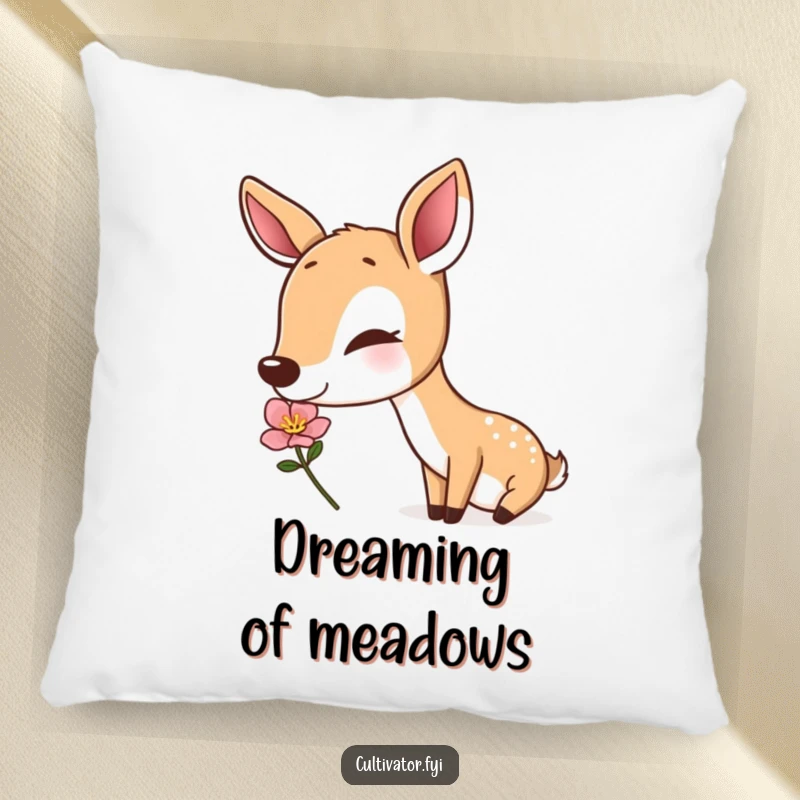 Funny deer pillow, a happy deer sniffing a blossom, soft cushion, humorous nature accent, ideal funny gift for relaxation.