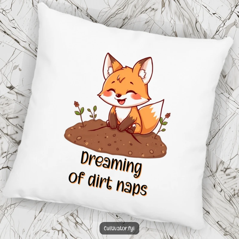 Funny fox pillow featuring a joyful fox digging contentedly in soil, adding a touch of playful garden charm to any room.