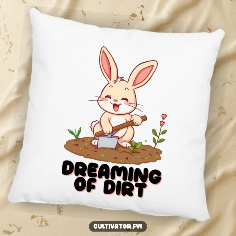 Funny bunny pillow, happily tilling a small garden with a trowel, bringing a playful and cozy vibe to any room.