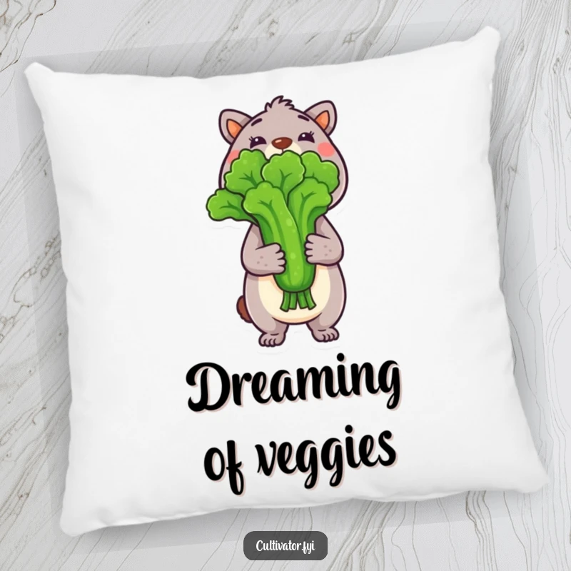 Funny Pillow showcasing an animal character proudly holding a freshly picked vegetable, adding comfort and gentle humor.