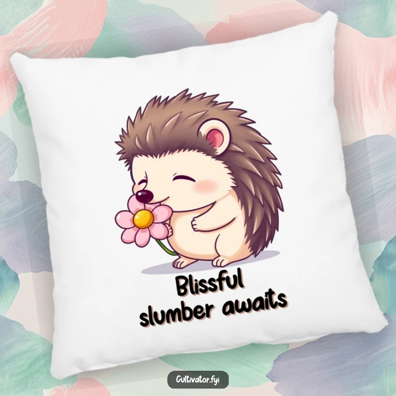 Funny pillow featuring a contented hedgehog with closed eyes, smelling a blooming flower, offering cozy serenity.