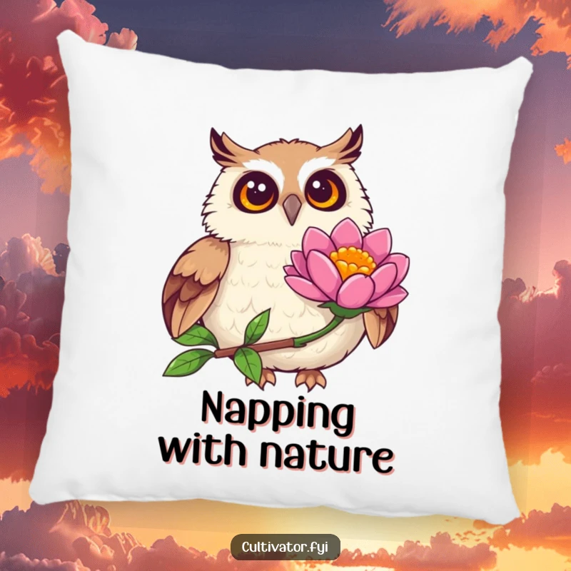 Funny joyful owl pillow, observing a vibrant flower bloom with wide eyes, bringing cozy comfort and a touch of natural wonder.