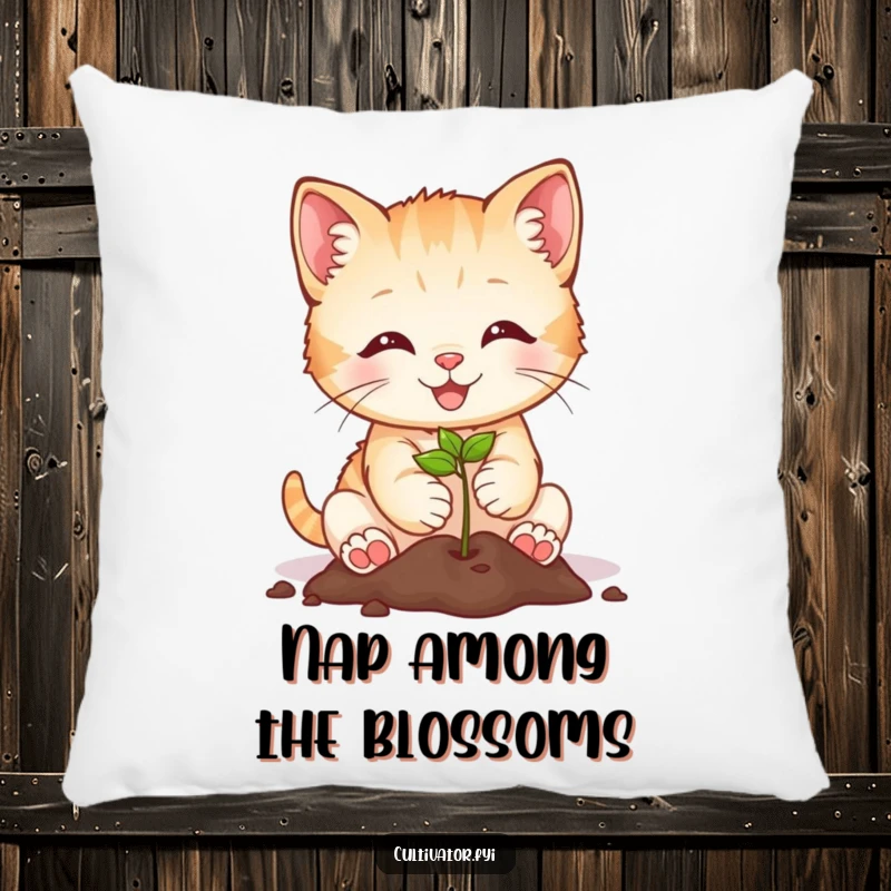 Funny smiling kitten planting a seed on a decorative pillow, a cute and humorous addition to any cozy space.