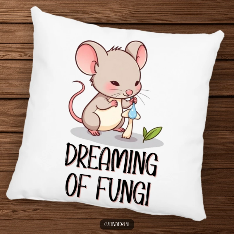Funny Mouse Pillow: Soft cushion featuring a determined mouse character carefully watering a minuscule mushroom.