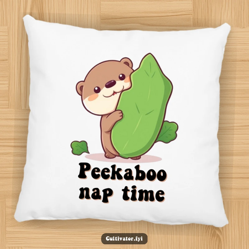 Funny pillow, curious otter peeking from behind a leafy vegetable, soft cushion, playful animal design, humorous home decor.