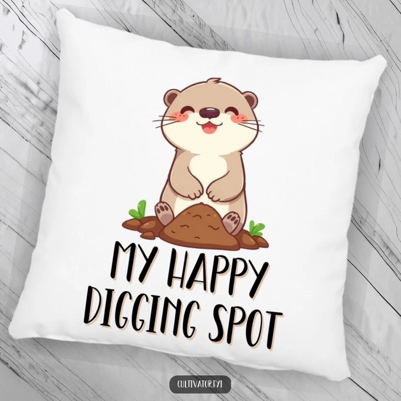 Funny pillow featuring a happy otter character joyfully digging in a small patch of soil, offering comfort and humor.