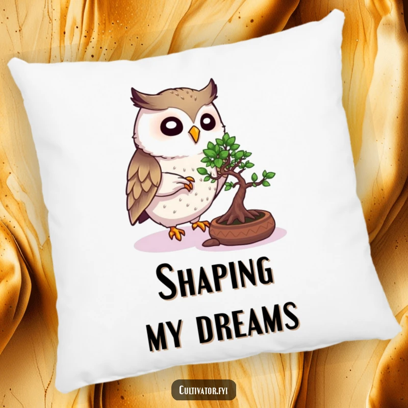 Funny Owl Pillow: Lively owl meticulously pruning a bonsai, offering plush comfort and wise, humorous charm.
