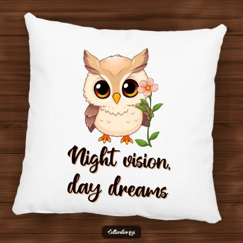 Funny owl pillow featuring a curious owl examining a blooming flower with wide, amazed eyes, a soft funny gift.