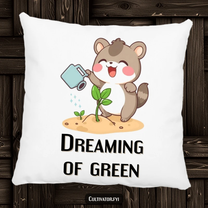 Funny pillow with an excited animal character watering a sprouting plant with a small watering can, perfect for cozy decor.