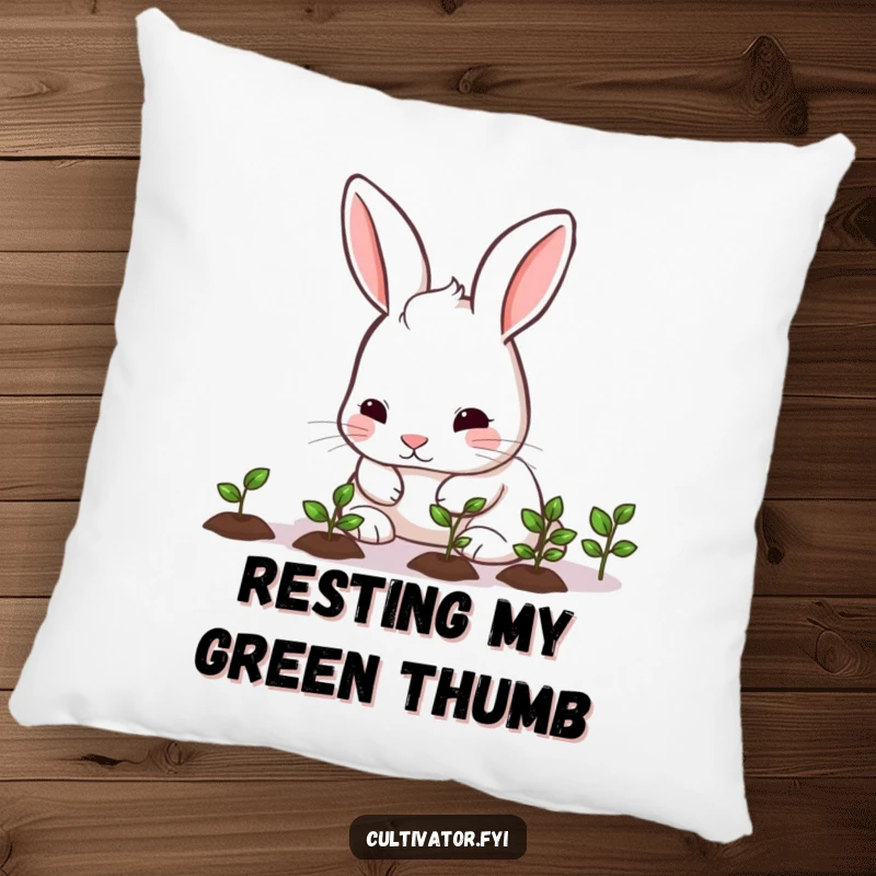 Funny rabbit nurturing seedlings on a decorative pillow, a cute and humorous addition to any cozy space.